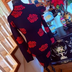 Black Mini Sweater Dress with Red Rose Pattern